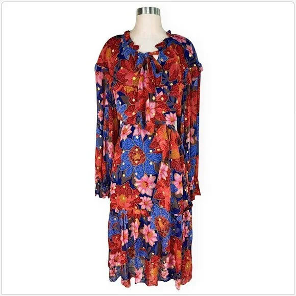 Farm Rio Navy Garden Lenzing Ecovero Viscose Midi Dress Blue Floral NWT New XL - Picture 5 of 8